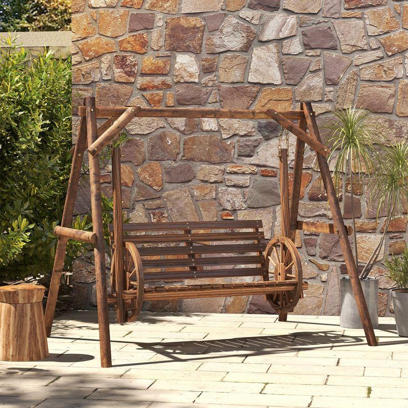 2-Person Porch Swing w/ Stand Carbonized Wooden Patio Swing Chair