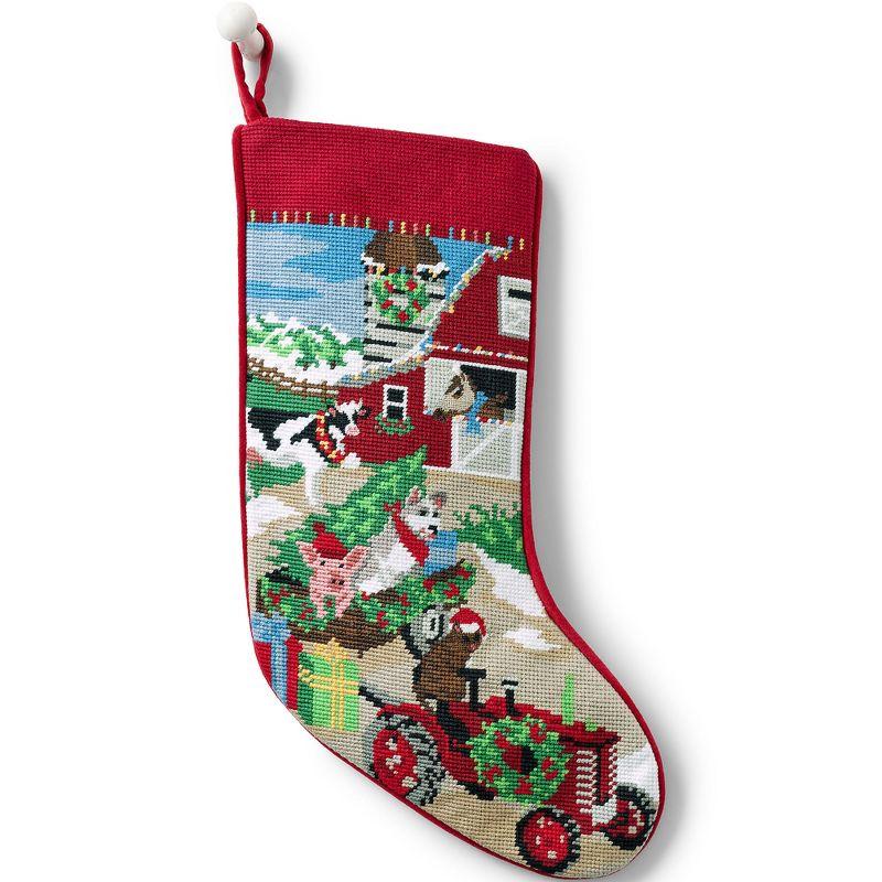 Farm Scene Needlepoint Christmas Stocking with Red Trim