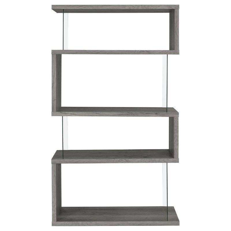 Coaster 63" Emelle 4 Shelf Zig Zag Bookcase with Glass Panels Gray Driftwood: Modern Style, Laminated Melamine Veneer, Metal Hardware