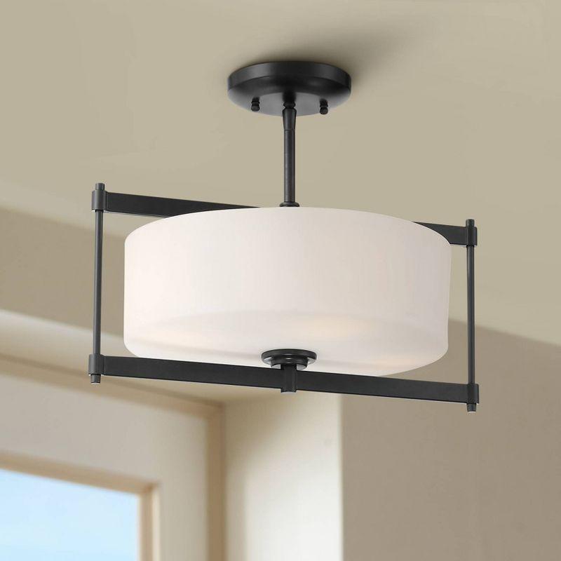 Minka Lavery Modern Ceiling Light Semi Flush Mount Fixture 16" Coal 4-Light Etched White Glass Drum Shade for Bedroom Living Room