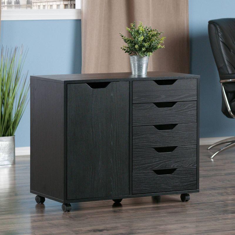 Halifax Cabinet with 5 Drawer & 1 Side Cabinet Black - Winsome: Mobile Storage Unit, Composite Wood, Modern Design