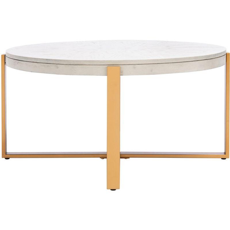 Navya Round Whitewashed Wood and Gold Metal Coffee Table