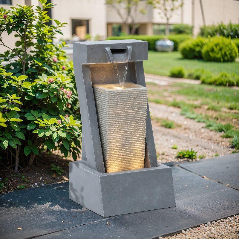 LuxenHome Gray Resin 2-Column Sculpture Outdoor Fountain with Lights