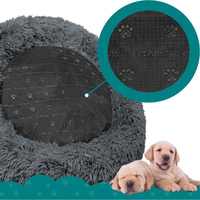 PetAmi Calming Dog Bed for Puppy Cat Kitten, Round Washable Pet Bed, Anti Anxiety Cuddler, Fluffy Plush Circular Donut Bed (Gray, Medium - 30")