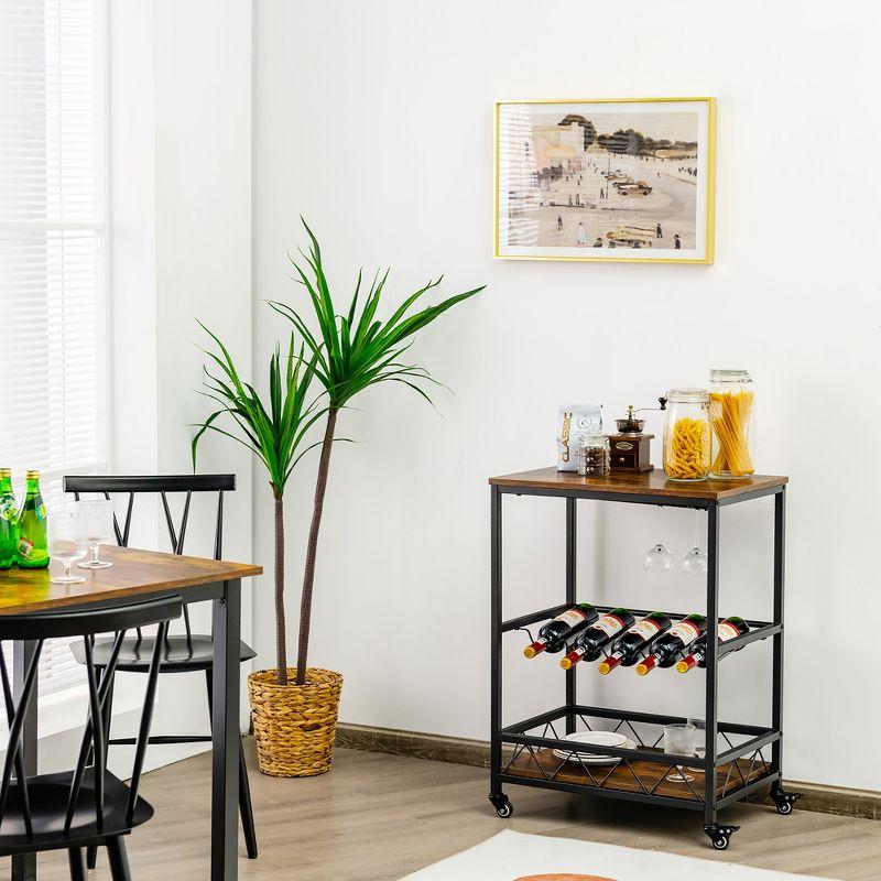 Rustic Brown and Black Rolling Bar Cart with Wine Rack