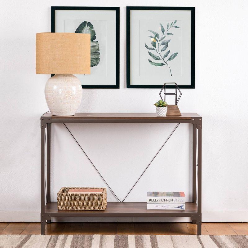 Walnut Melamine & Metal Console Table with Open Shelf Storage