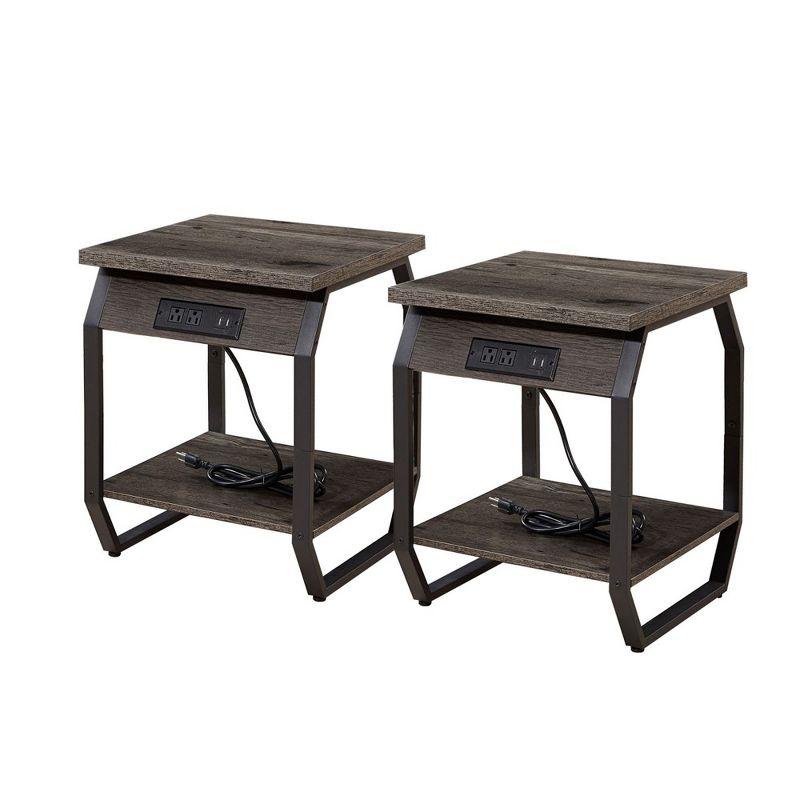 Gray Particleboard and Steel End Tables with Charging Station, Set of 2