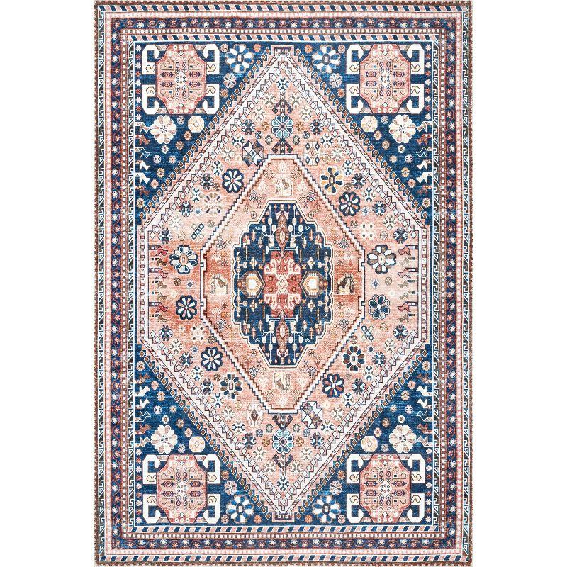 Blue and Beige Medallion Washable Synthetic Area Rug