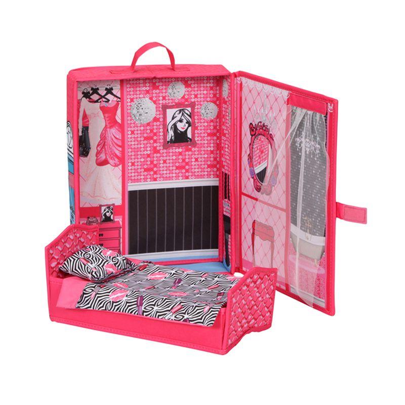 Badger Basket Home & Go Dollhouse Playset Travel & Storage Case with Bed/Bedding for 12-inch Fashion Dolls - Pink/Multi