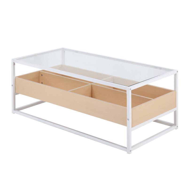 Modern Rectangular Tempered Glass Coffee Table with Natural Wood Storage