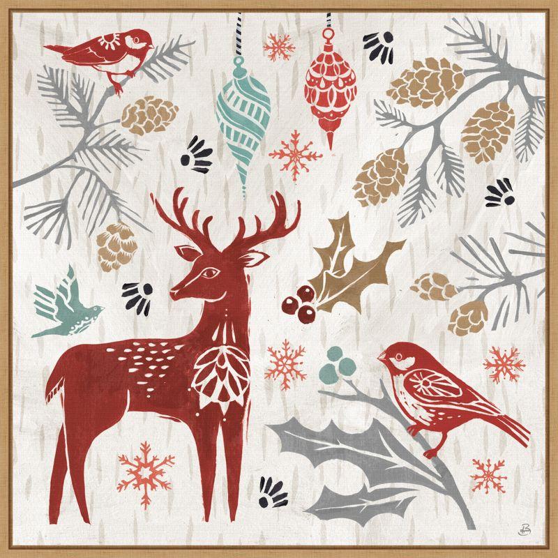 Amanti Art Christmas Deer and Birds Framed Canvas Wall Art