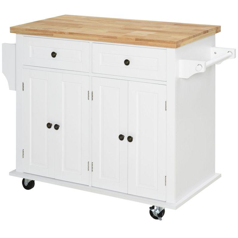 HOMCOM Kitchen Island on Wheels, Rolling Cart with Rubber Wood Top, Spice Rack, Towel Rack & Drawers for Dining Room, White