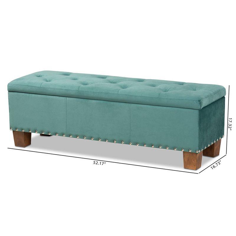 Teal Velvet Tufted Storage Bench with Walnut Legs