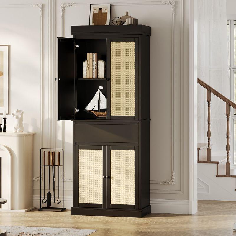 Tall Kitchen Pantry Cabinet 69" Storage Cabinet with Rattan Doors, Drawer and Adjustable Shelves, Cupboard for Bathroom Dining Room, Black