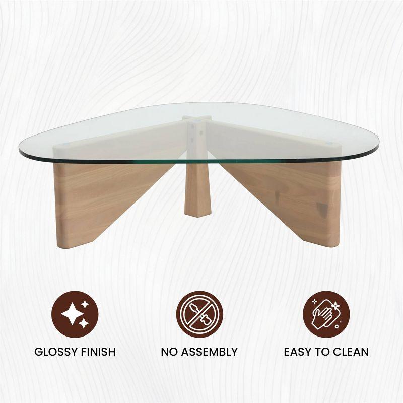 LeisureMod Imperial Collection Triangular Glass Top Coffee Table with Glossy Ash Wood Base for Home, Living Room, Office