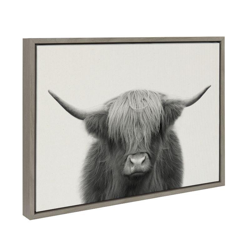 Kate and Laurel Sylvie Hey Dude Highland Cow Framed Linen Canvas by The Creative Bunch Studio, 18x24, Gray
