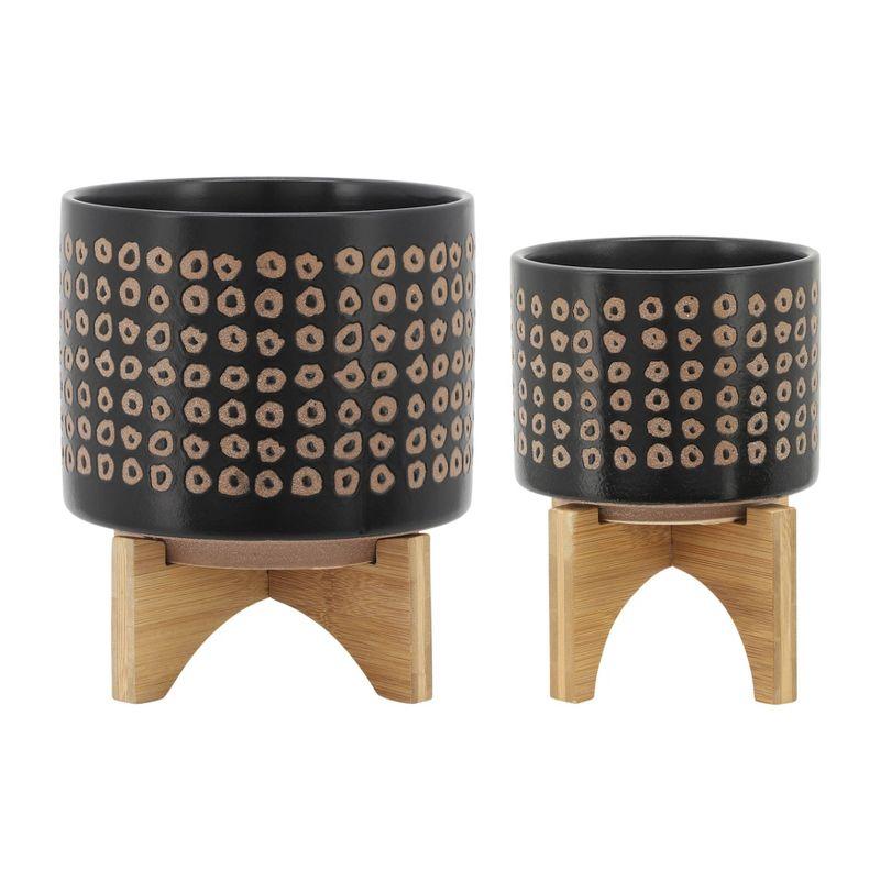 Modern Ceramic and Bamboo Planter Set, 8" x 11", in Rich Brown