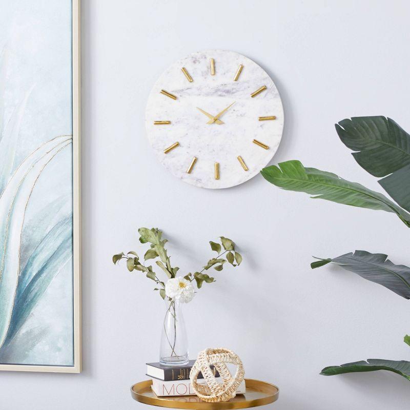 15" White Marble Wall Clock with Gold Accents