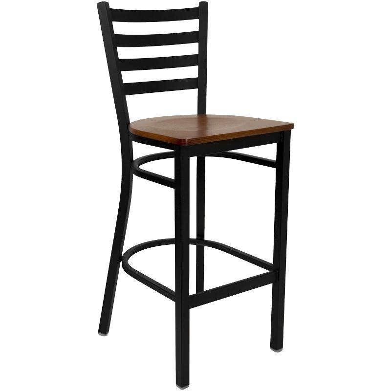 Elegant Ladder Back Black Metal Barstool with Cherry Wood Seat