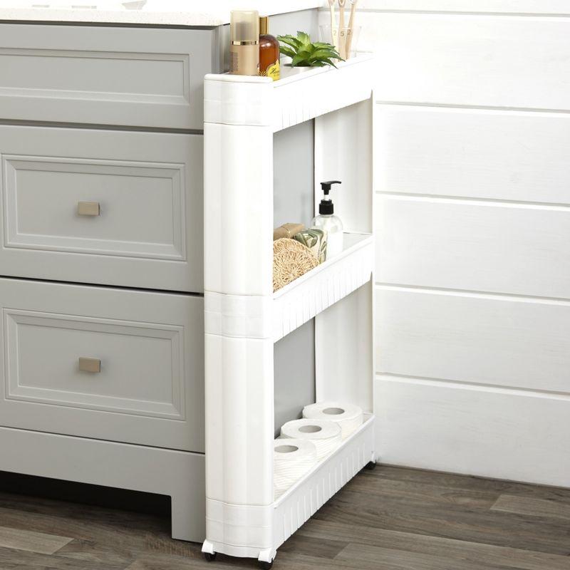 Slim White 3-Tier Rolling Kitchen Cart with Storage