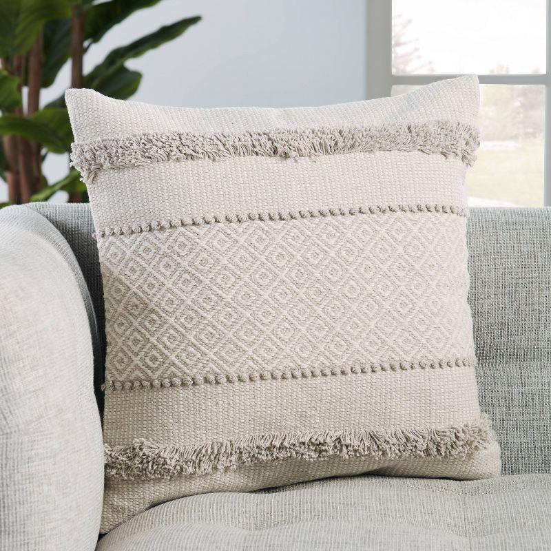 18" Square Light Gray and Ivory Embroidered Cotton Throw Pillow