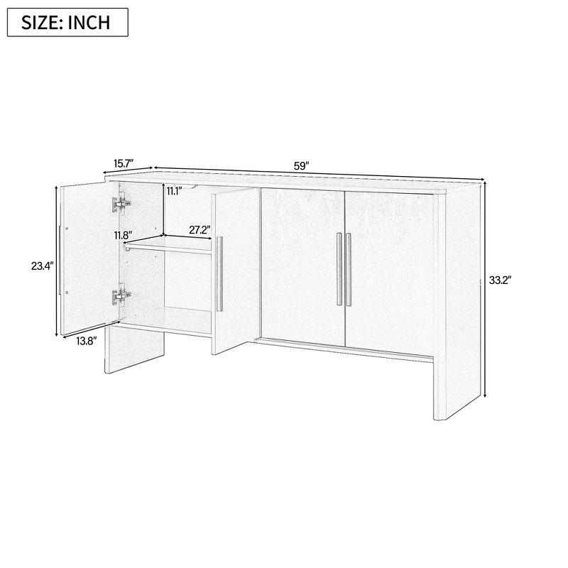 59"W Retro Sideboard with Adjustable Shelves and Long Metal Handles, 4-Door Storage Cabinet - ModernLuxe