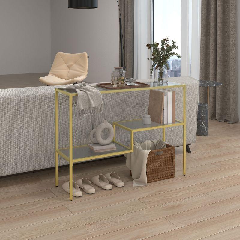 HOMCOM Gold Console Table, 39" Tempered Glass Behind Sofa Table, Narrow Entryway Table with Storage Shelves, Steel Frame Glass Table