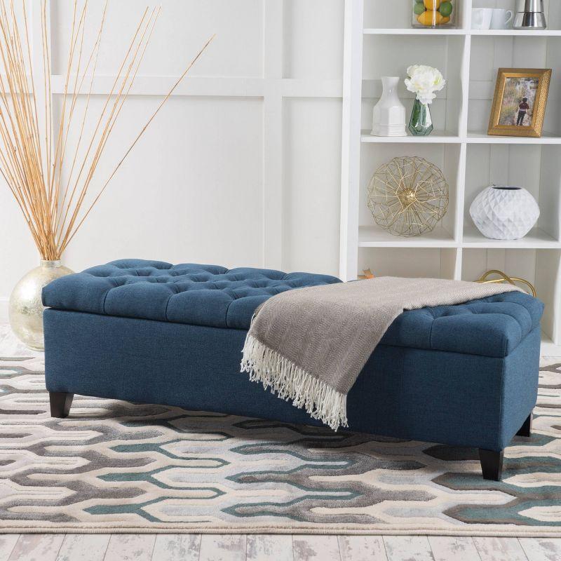 Charleston Dark Blue Tufted Storage Ottoman with Birch Legs