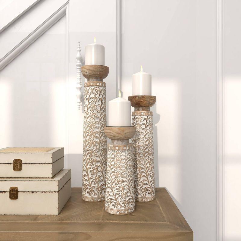 Set of 3 Rustic Cylindrical Mango Wood Candle Holders Off White - Olivia & May: Elegant Tabletop Decor