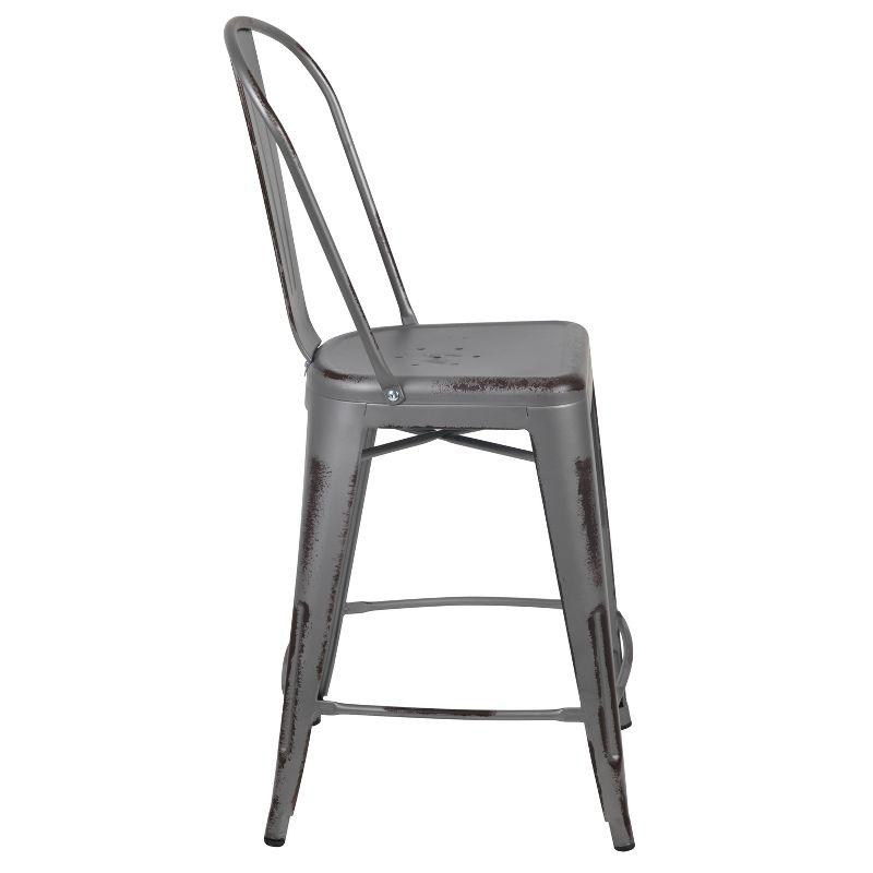 Flash Furniture Commercial Grade 24" High Distressed Silver Gray Metal Indoor-Outdoor Counter Height Stool with Back