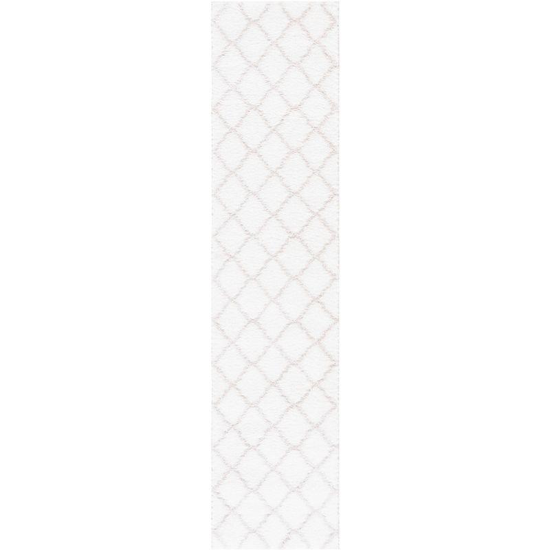 White and Silver Geometric Shag Runner Rug, 2' x 9'