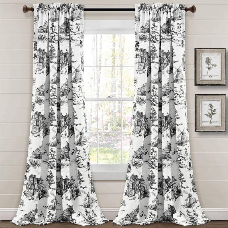 White and Charcoal French Country Toile Blackout Curtains