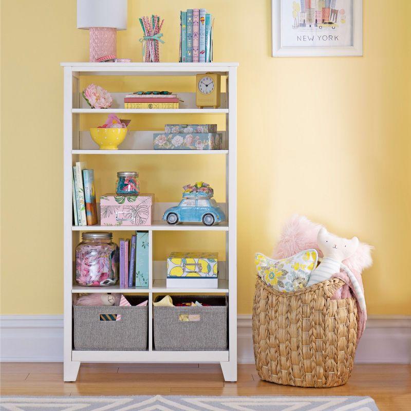 Creamy White Kids' Tall Bookcase with Fabric Bins