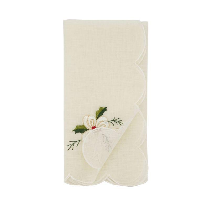 White Embroidered Holly and Ribbon Table Napkins Set