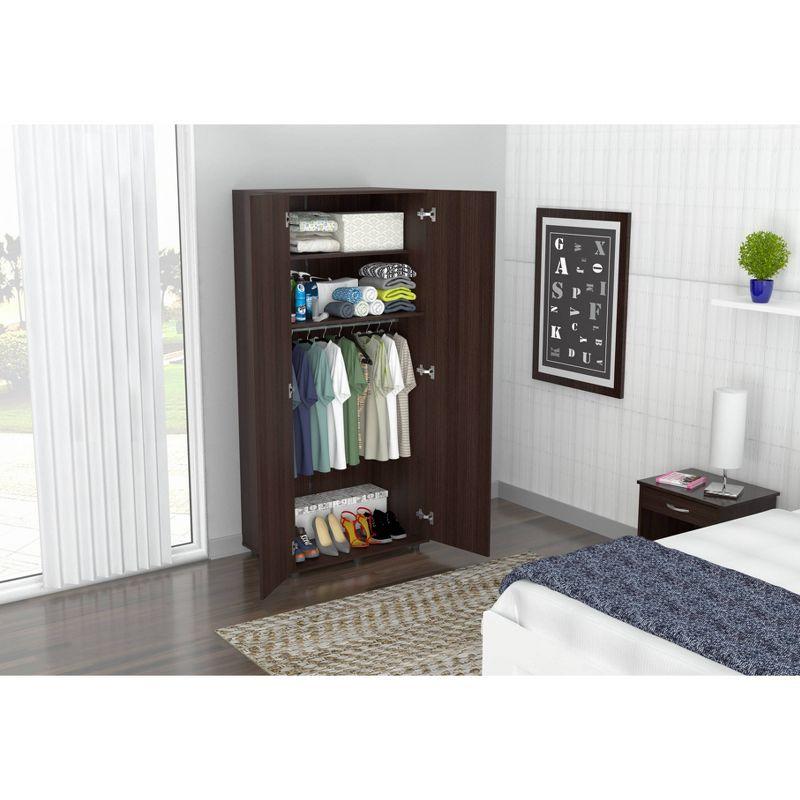 Espresso 2-Door Wardrobe Armoire with Shelves and Hanging Bar