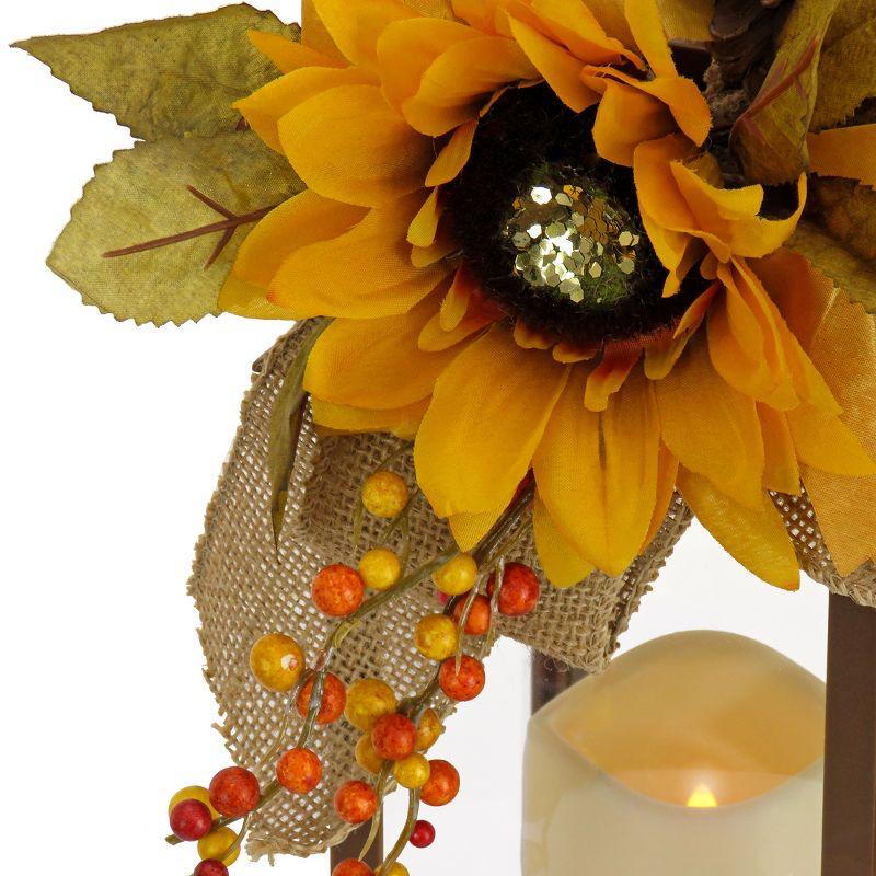 14" Sunflower and Burlap Bow Decorated Harvest Lantern