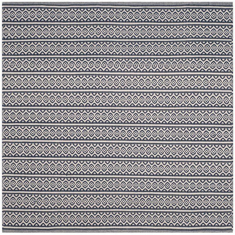 Ivory and Navy Cotton Stripe Handmade Reversible Square Rug