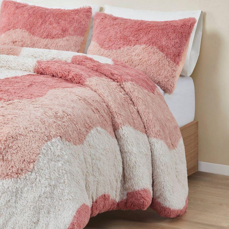 Blush Multi Faux Fur Full Comforter Set with Shams