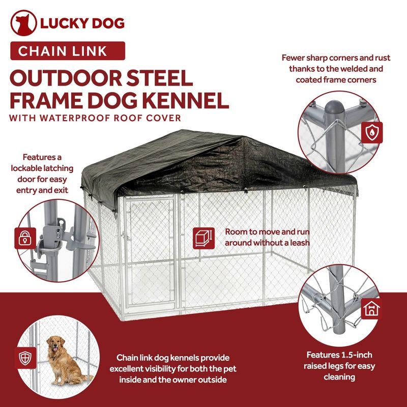 Lucky Dog 10 x 6 Foot Large Outdoor Galvanized Steel Chain Link Dog Kennel with Latching Door, 1.5 Inch Raised Legs, and WeatherGuard Roof Cover