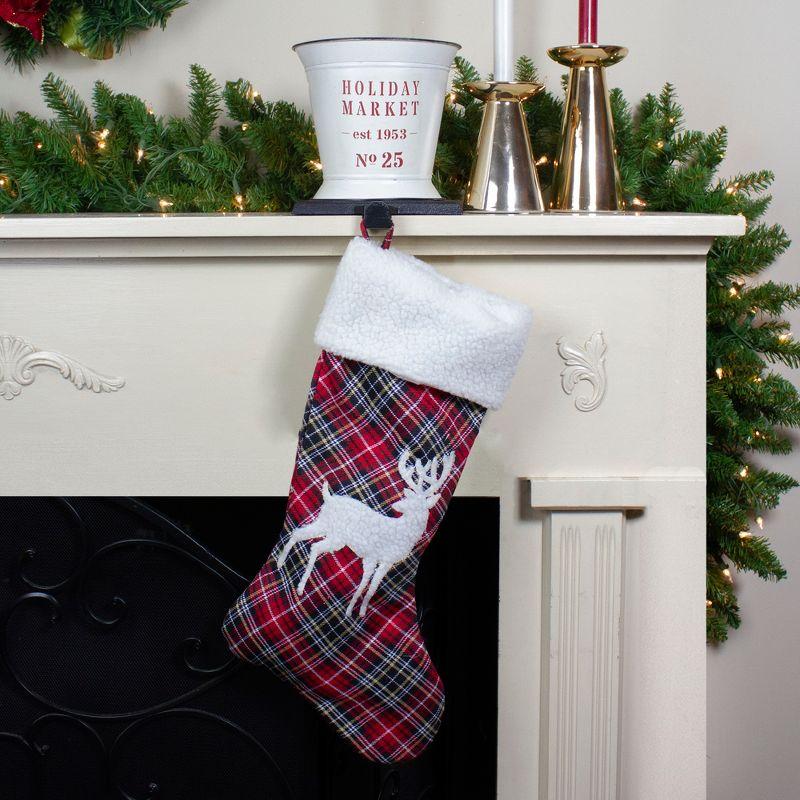 20" Black and Red Tartan Reindeer Christmas Stocking with White Cuff