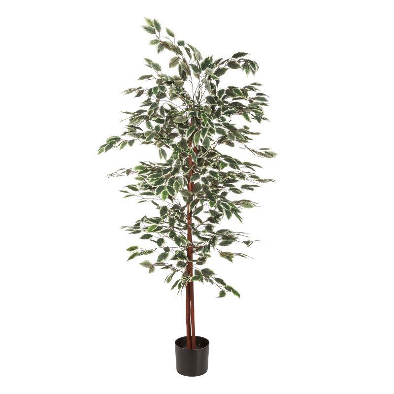 Nature Spring 5 ft Ficus Artificial Tree - Fake Plant with Variegated Leaves and Natural Trunk - Topiary Decor for Indoor or Outdoor