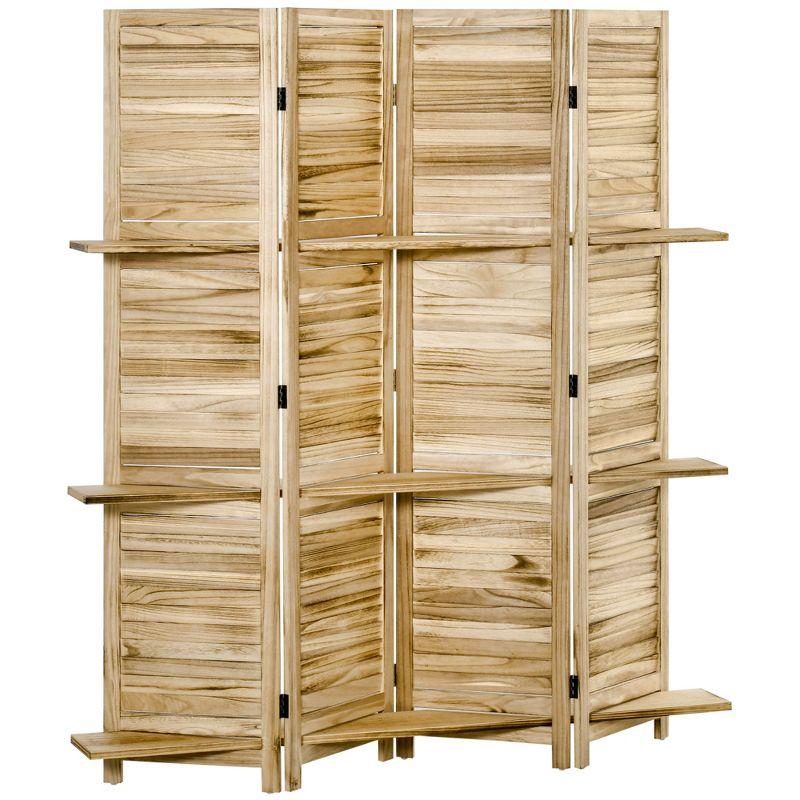 Natural Light Wood 4-Panel Folding Room Divider with Shelves