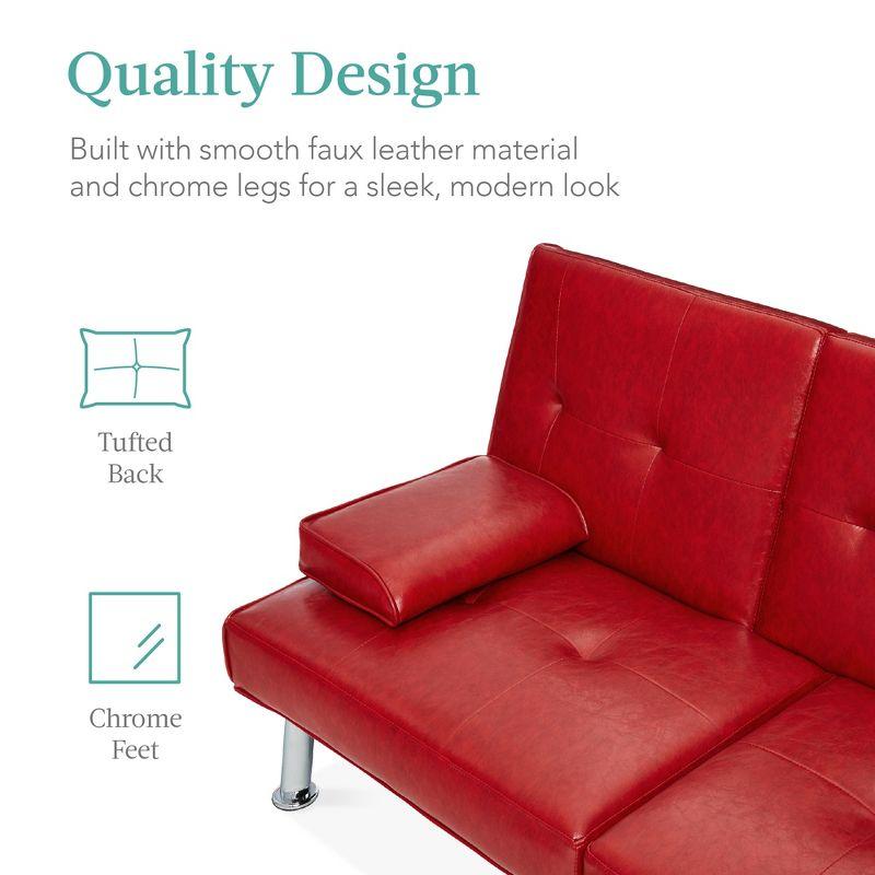 Best Choice Products Modern Faux Leather Convertible Futon Sofa w/ Removable Armrests, 2 Cupholders