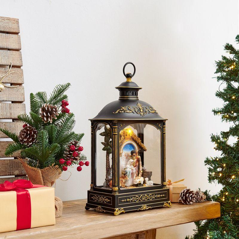 Danya B. Tabletop Antique Black and Gold Ornate Christmas Nativity Scene Diorama Lighted Lantern Decoration