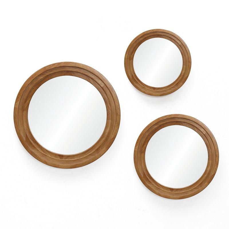 Brown Round Rubberwood 3-Piece Bathroom Vanity Mirror Set