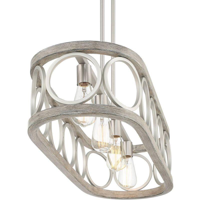 Franklin Iron Works Salima Brushed Nickel Gray Wood Linear Pendant Chandelier 32 1/2" Wide Farmhouse Rustic 4-Light LED for Dining Room Kitchen Island