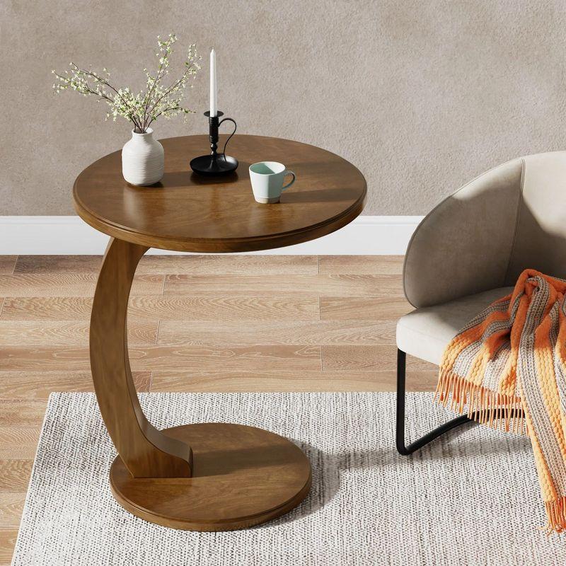 Hommoo C-Shaped End Table, Round Solid Wood Side Table for Living Room Brown