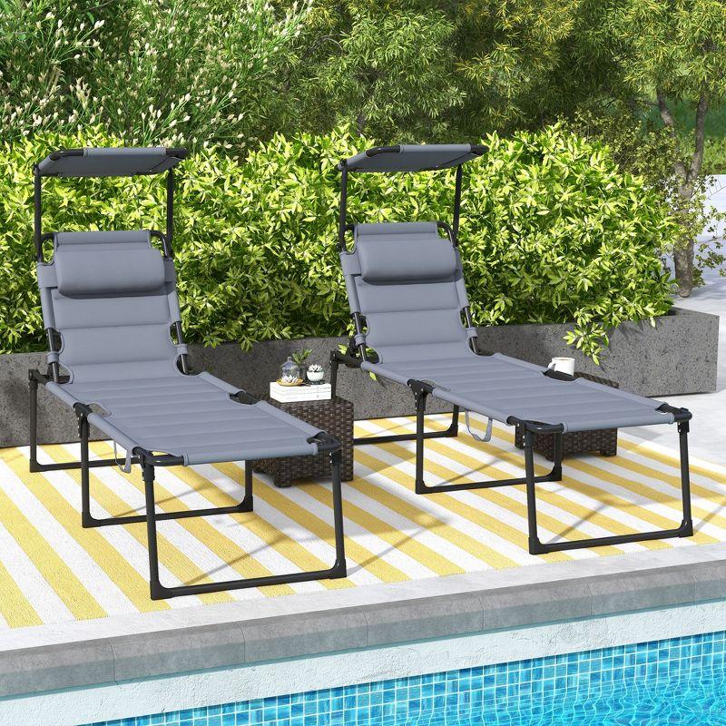 Gray Adjustable Outdoor Chaise Lounge Chairs with Cushions and Sunshade