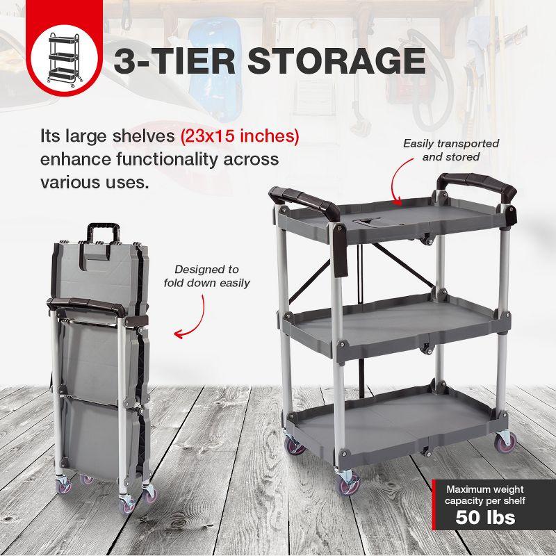 Elevon Aluminum Service Push Cart Portable Utility 3 Tier Collapsible Shelving Unit with Wheels for Home Office Organization, Gray