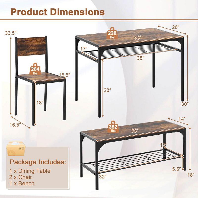 Costway Dining Table Set for 4 Rectangular Table with 2 Chairs, 1 Bench, Storage Racks Rustic Brown